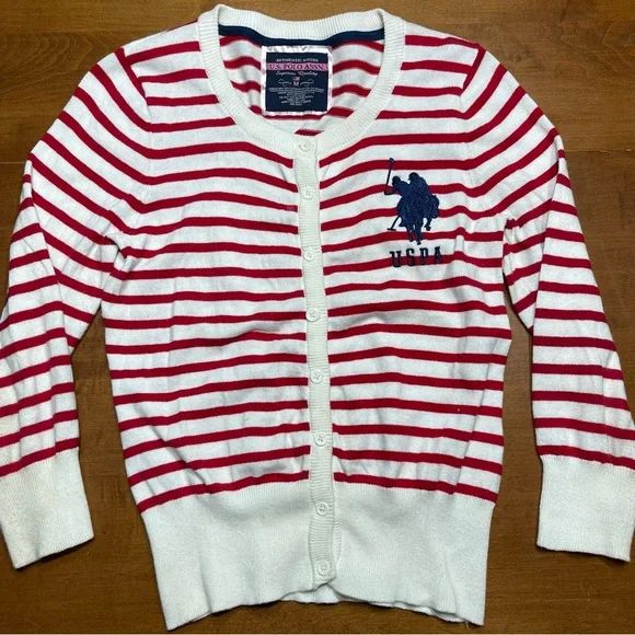 US Polo Assn- Vintage Red and White Striped Cardigan. Size Medium. - Picture 3 of 8